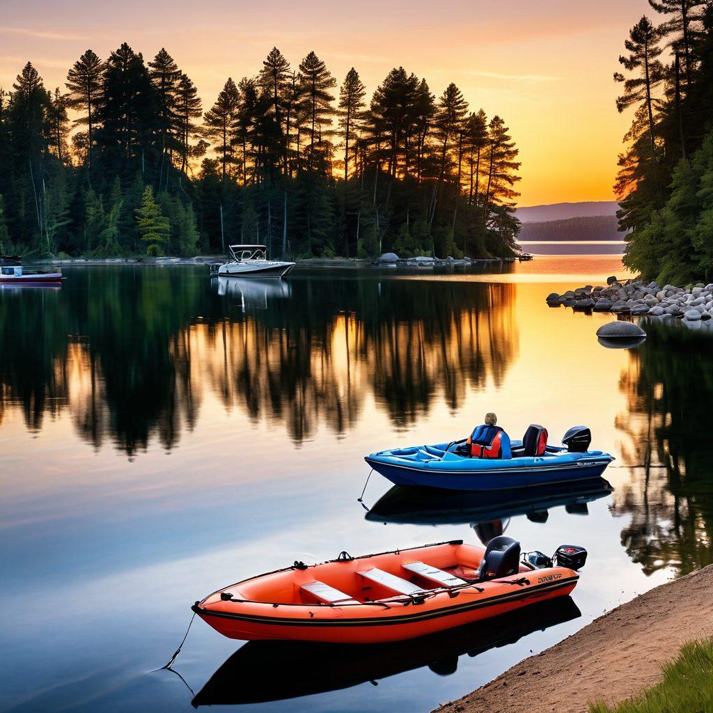 A serene lake scene with a modern boat safely anchored, life jackets prominently visible, and a gentle sunset in the background. A family is seen enjoying their time, demonstrating joyful boating safety practices. The focus is on watercraft rules and insurance symbols subtly incorporated in the scenery. super-realistic. vibrant colors. warm tones.