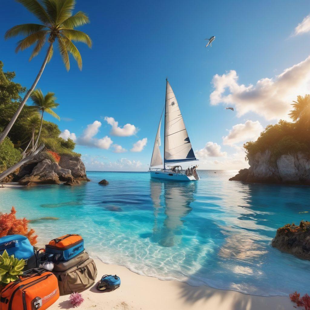 A serene coastal scene featuring a sailboat gliding through crystal-clear waters, surrounded by vibrant coral reefs and playful dolphins. In the foreground, a diverse group of adventurers is examining marine equipment and safety gear on a sandy beach, showcasing their readiness for adventure. Above them, a bright blue sky with fluffy clouds adds to the tranquility. Hyper-realistic. vibrant colors. 3D.