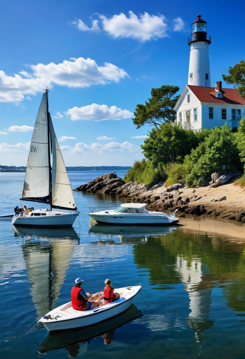 A peaceful Oyster Bay scene featuring various watercraft, including sailboats, yachts, and jet skis, gently bobbing on the water under a bright blue sky. In the foreground, a wise old sailor reviews an insurance policy with a magnifying glass, symbolizing protection. In the background, a lighthouse stands tall, representing safety and guidance. Soft waves create a calming effect, while rays of sunlight reflect off the water, creating a serene ambiance. super-realistic. vibrant colors. tranquil scene.